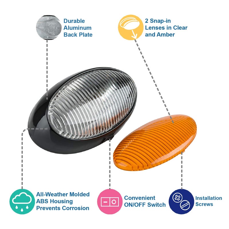 Lumitronics RV 12V LED Oval Porch Utility Light with On/Off Switch, Clear & Amber Lenses for Motorhomes, Campers, Trailers, 5th Wheels (Black) - Image 3